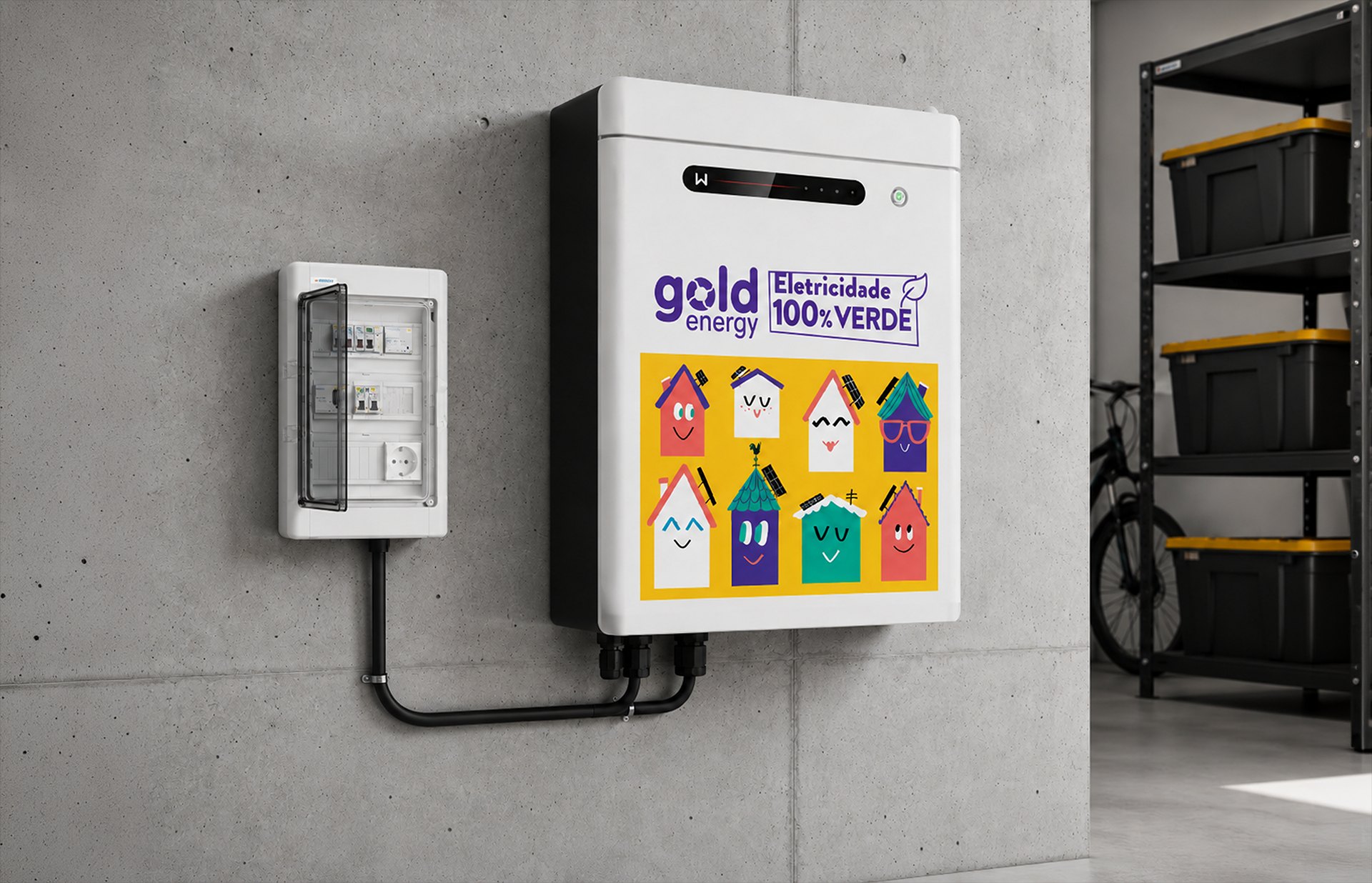 Bateria Goldenergy instalada numa garagem