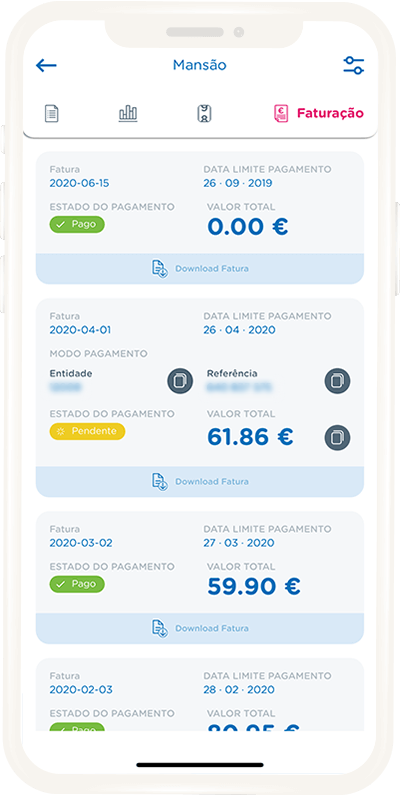 Menu de consulta de Faturas na app goldenergy