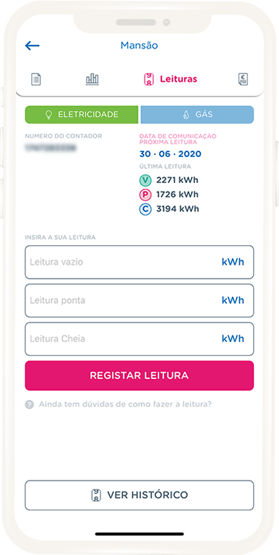 Menu de consulta de leituras na app goldenergy